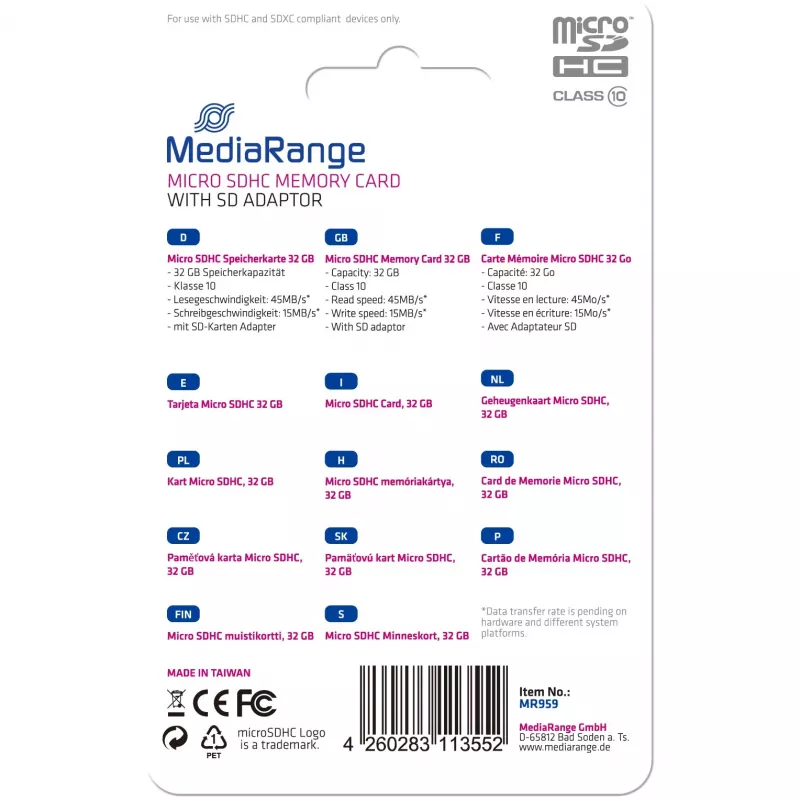 MEMORY MICRO SDHC 32GB C10/W/ADAPTER MR959 MEDIARANGE