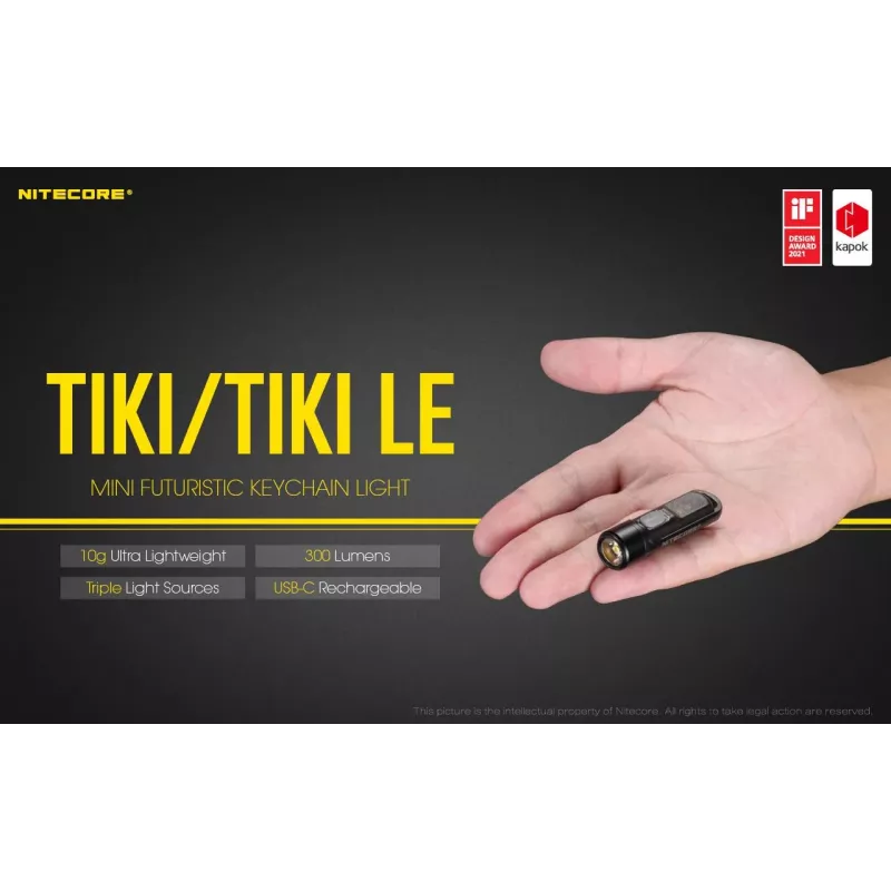 Hand flashlight Nitecore TIKI LE — 300 lm, USB-rechargeable, polycarbonate, IP66, shockproof, 10.5 g, 55 mm, Black