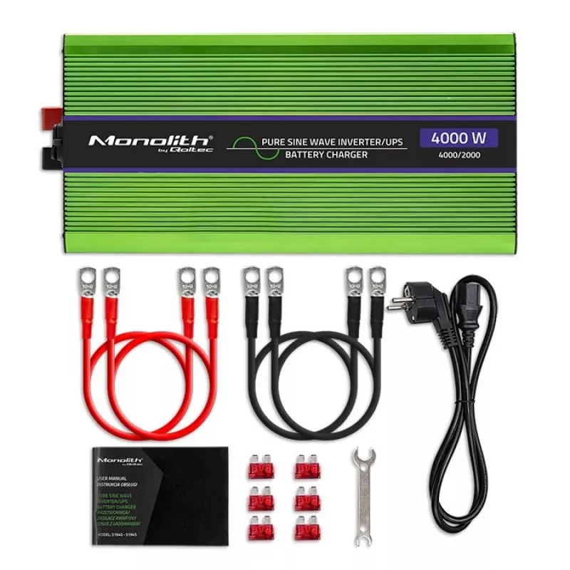 Qoltec Monolith Voltage Converter | Charging the battery | UPS | 2000W | 4000W |12V to 230V |Pure Sine | LCD black-green