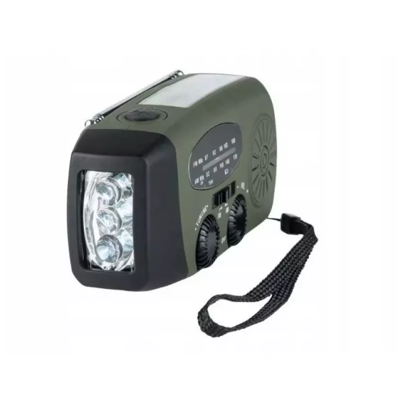 Emergency radio FOSCO 464600 with LED torch, power bank, FM, IPX3, solar/manual/USB-C — green/black