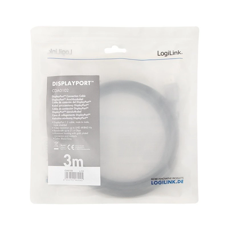 DisplayPort cable LogiLink CDA0102 3 m Grey Black