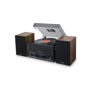 Home audio midi system muse MT-120 MB — 20W RMS, 2-way speakers, AC 100–240V 50/60Hz, Black/Transparent/Wood
