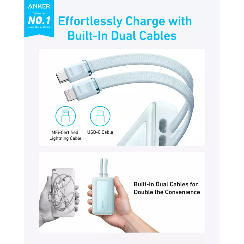 Anker Power Bank with Built-In USB-C and + Lighting Cable | A1680031 | 10000 mAh | 30W | Blue