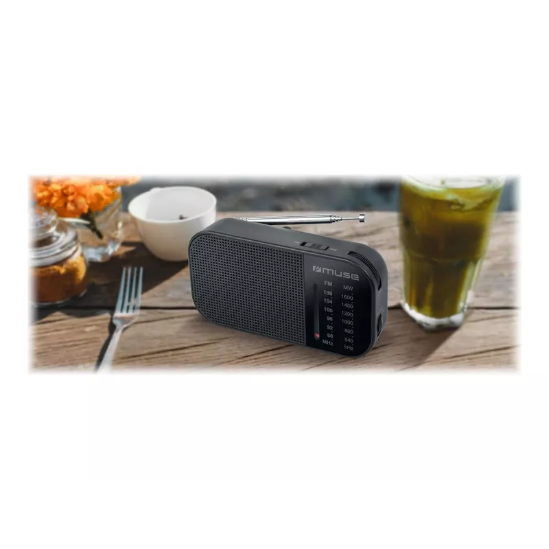 Portable radio Muse M-025 R — MW/FM, black, battery-powered, compact (32×130×70 mm)