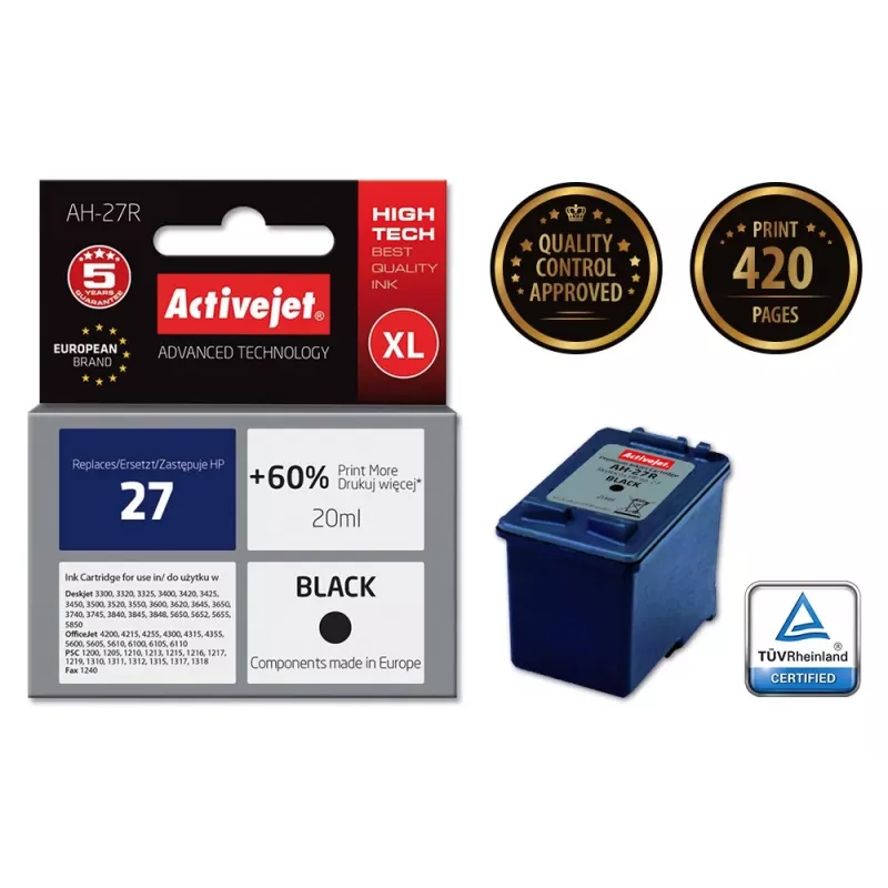 Activejet AH-27R Ink (replacement for HP 27 C8727A; Premium; 20 ml; black)