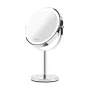 Freestanding Makeup Mirror Girmi BE02 — Round stainless steel, LED touch control, 1x/3x magnification, USB-C rechargeable (1000 mAh)