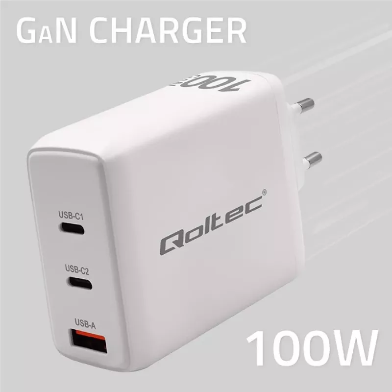 Charger QOLTEC 100W GaN USB-C Dual PD 5–20V 1.5–5A, 2×USB-C