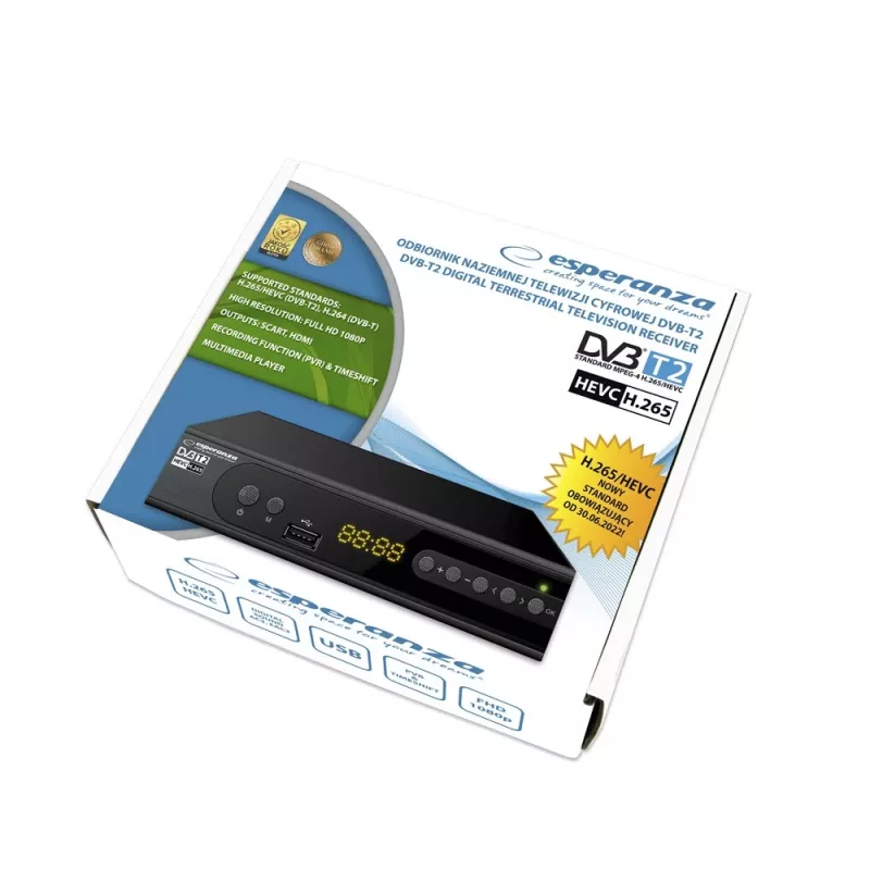 Set-top box ESPERANZA EV106R cable tuner DVB-T2 / HEVC H.265, HDMI, USB, PVR, Dolby Digital, 174–790 MHz, black