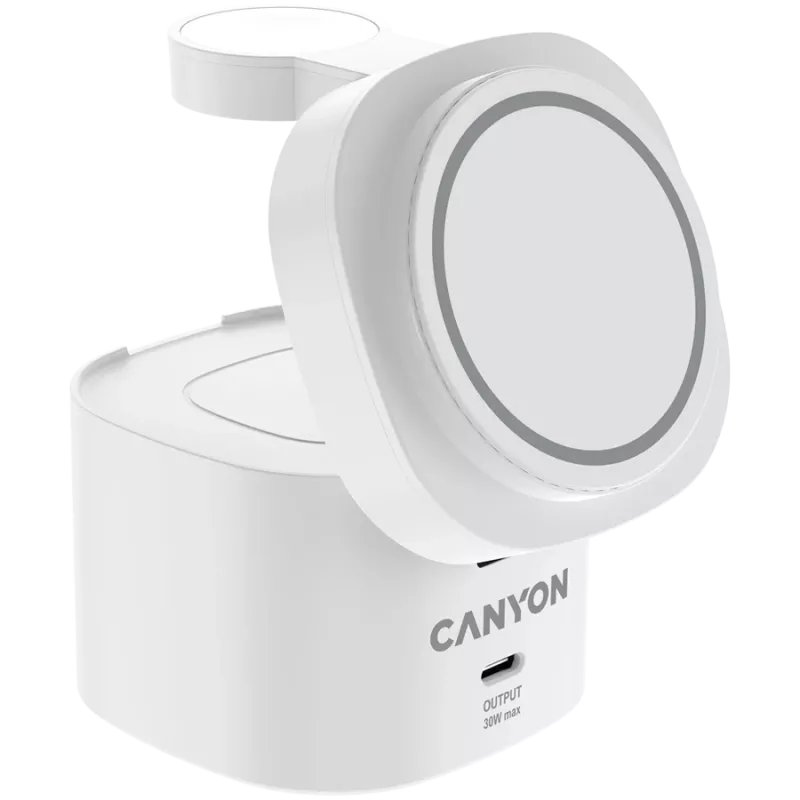 Canyon 4 in 1 Wireless Charging Stand, 30W max, Size: 70x70x70.3mm, weight: 414g, with 65W charger and 1M cable, white