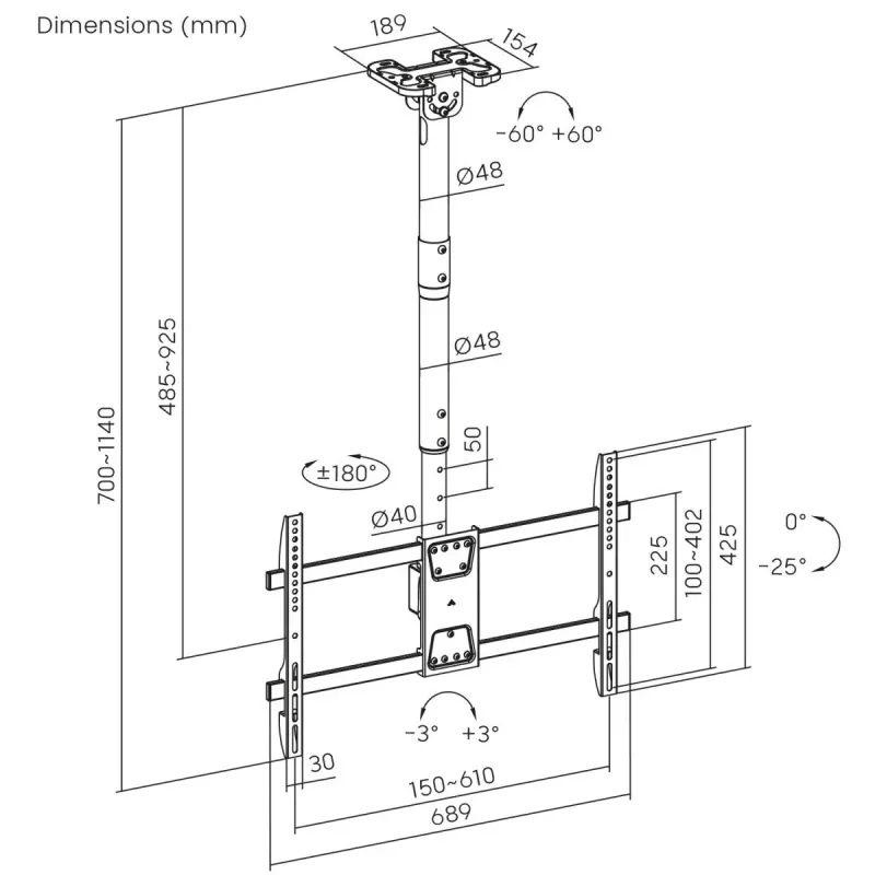 Ceiling TV mount MACLEAN MC-112B, max load 60 kg, adjustable tilt and rotation