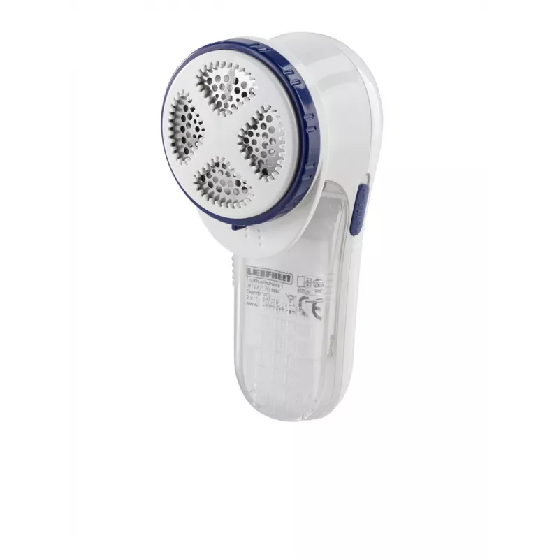 Fabric shaver Leifheit 80029 — battery-powered lint remover, 3 V, uses 2 batteries, blue/white