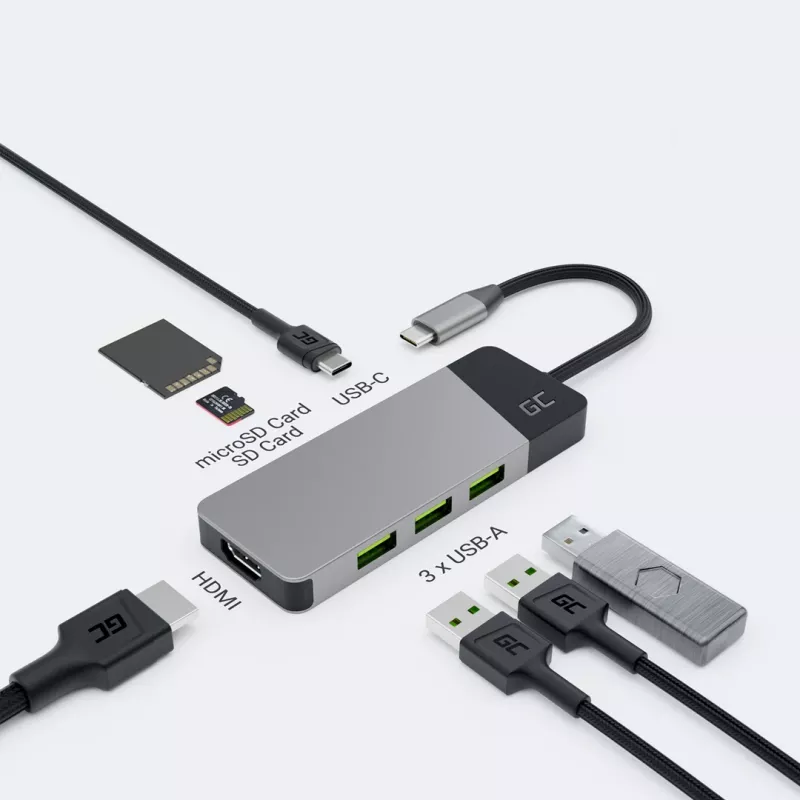 USB Type-C hub Green Cell HUBGC01 — 7 ports: 3×USB-A 3.2 Gen 1, 1×USB-C 3.2 Gen 1, HDMI, microSD+SD card reader — Silver