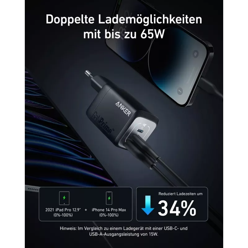 Indoor USB Fast Charging Charger Anker Prime A2669313 — 67 W, 1×USB-A, 2×USB-C, Black