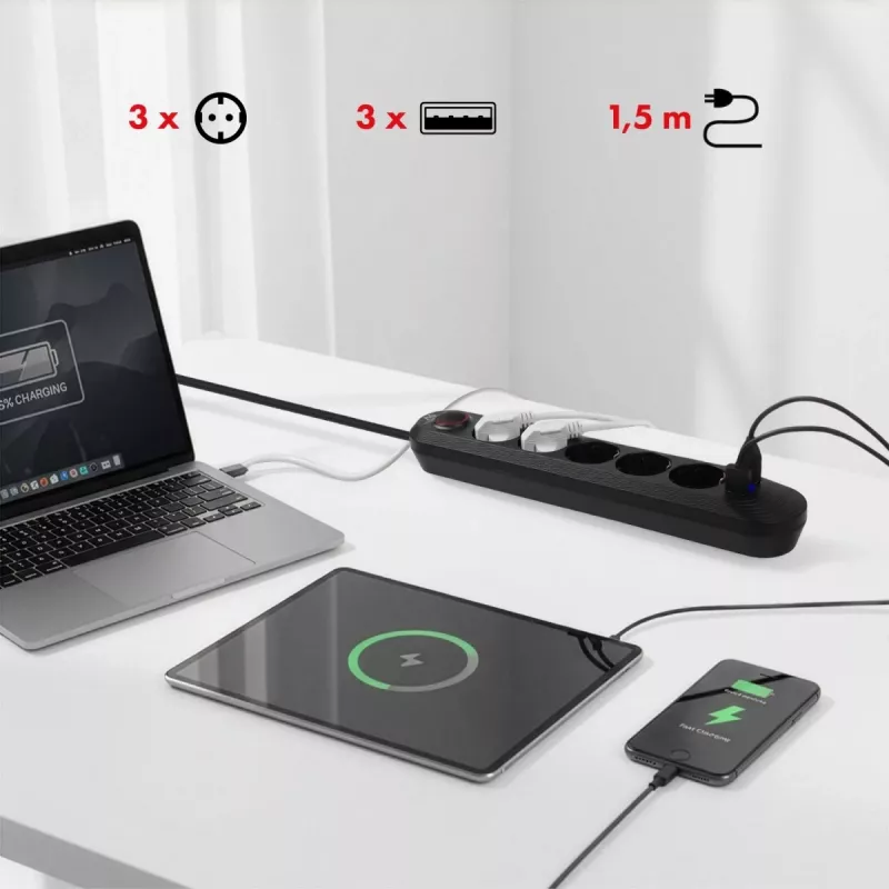 Power strip MACLEAN MCE395 B — 5 sockets, 3×USB, 110–240V AC, 2.1A USB, 2500W, 1.5 m cable, black