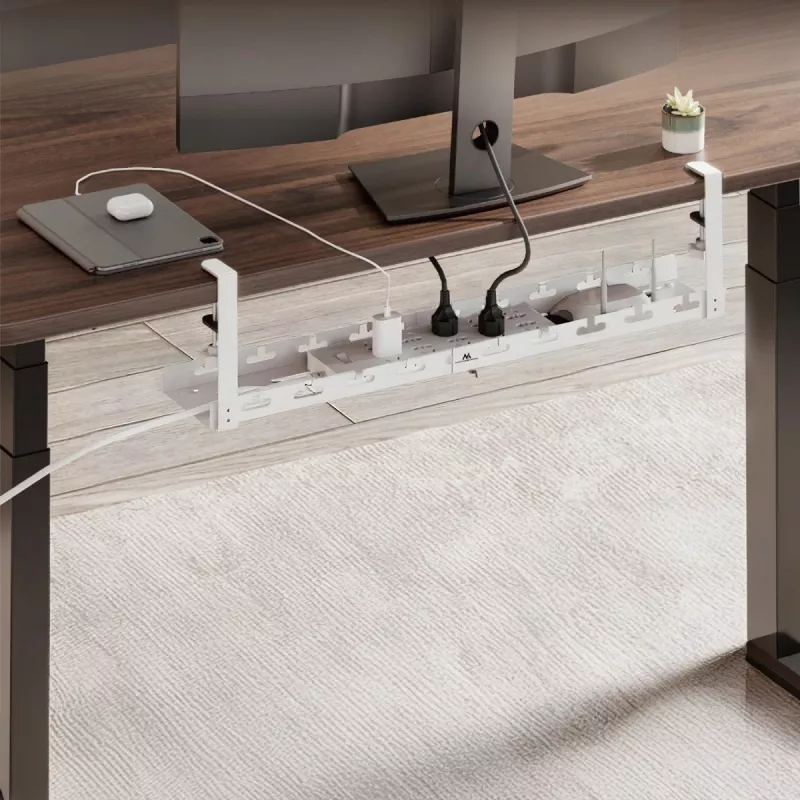 Under-desk cable organizer MACLEAN MC-102W — steel under-desk mount, adjustable length, fits 0.5–5 cm desks, load 5 kg, white