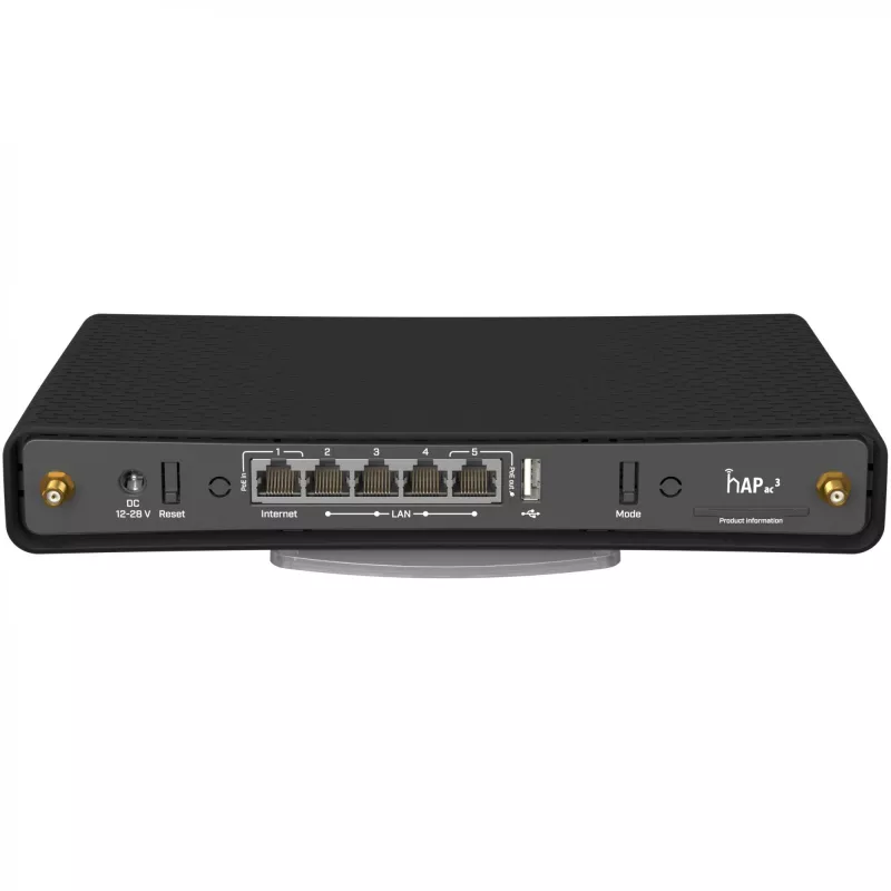Tabletop router MikroTik hAP ac³ Dual-band Wi‑Fi 5, Qualcomm IPQ4019 719 MHz, 5x Gigabit RJ‑45, 1x USB, PoE, 2 external antennas, black