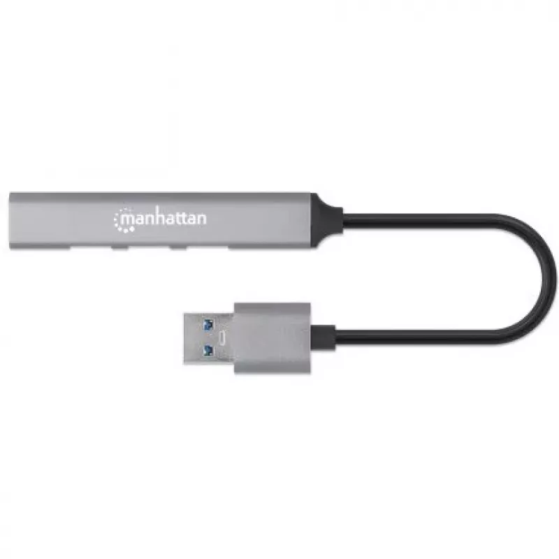 Manhattan USB-A 4-Port Hub, 4x USB-A Ports (1x 5 Gbps USB 3.2 Gen1 aka USB 3.0, 3 x 480 Mbps USB 2.0), USB powered (no external power supply required), Aluminium