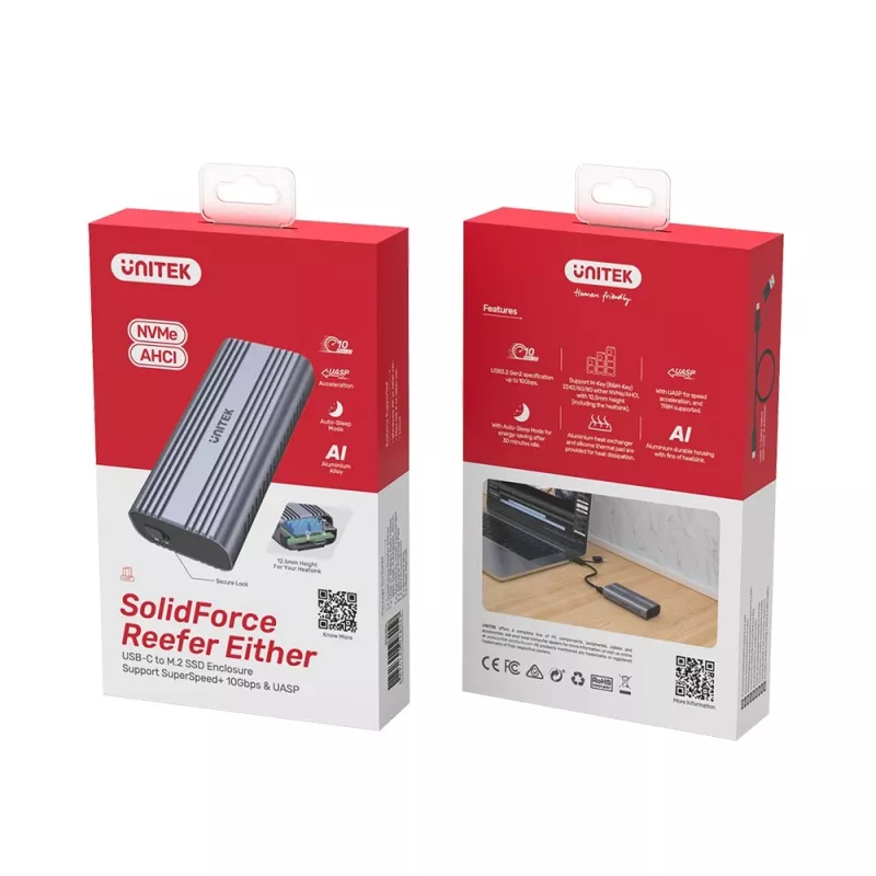SSD enclosure Unitek SolidForce Reefer Grey — M.2 NVMe PCIe, USB‑C 10 Gbit/s, aluminium, 1 drive