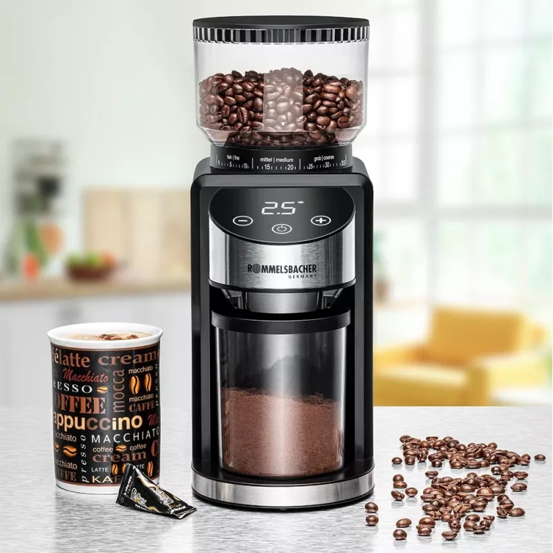 Burr grinder Rommelsbacher EKM 400 — conical stainless steel burrs, 35 grind levels, 12 doses, 130 g container