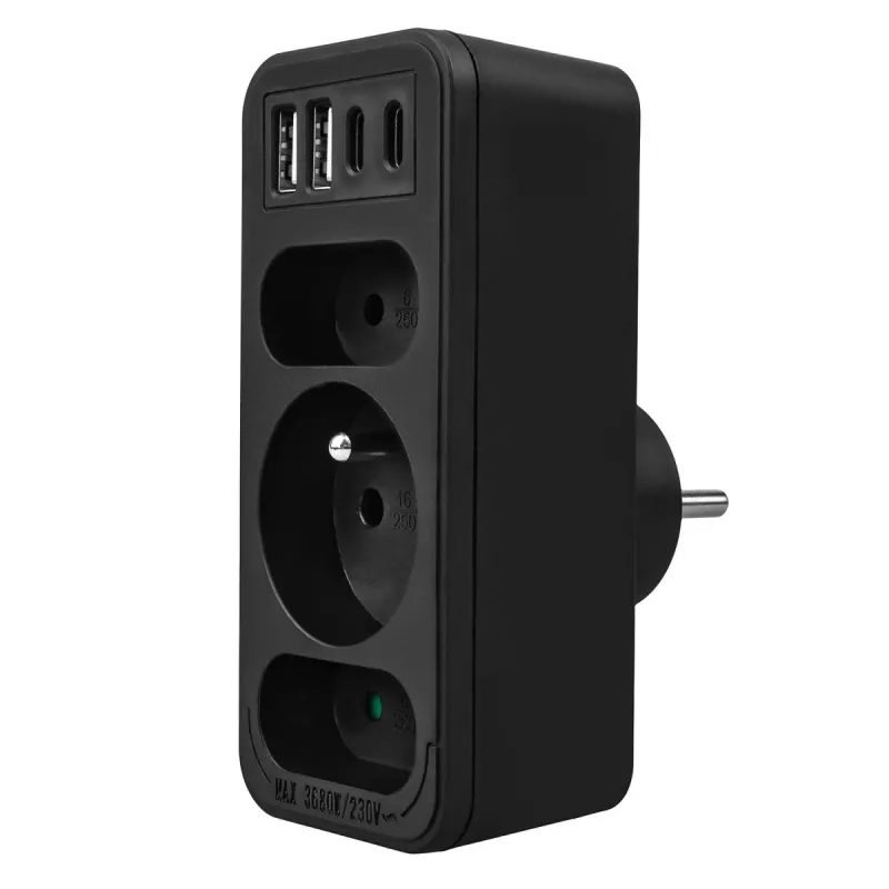 Power splitter MACLEAN MCE248 F/B — 3 AC sockets (1x16A, 2x6A) and 4 USB ports (2xUSB‑A, 2xUSB‑C PD 20W), EU plug, black