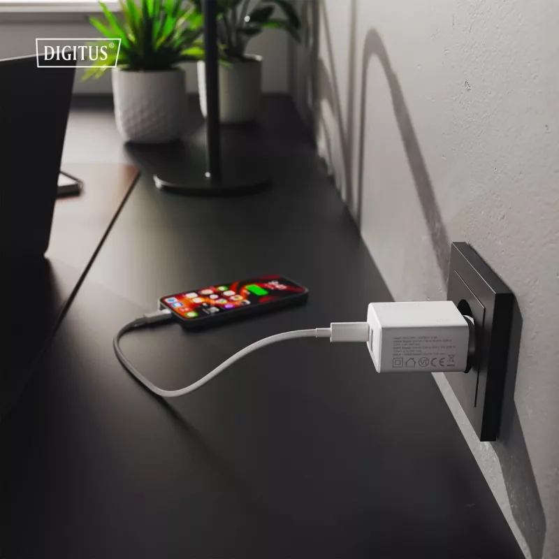 AC USB Charger DIGITUS 20W, 1x USB-C, 1x USB-A, Input 100–240V, White