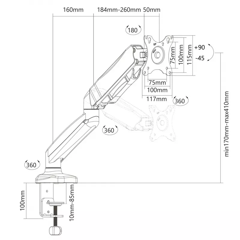 Monitor mount MONTIS MT014 for 1 display, desk mount, gas-spring height adjustment, for screens up to 81.3 cm (32 inch), max load 8 kg, black