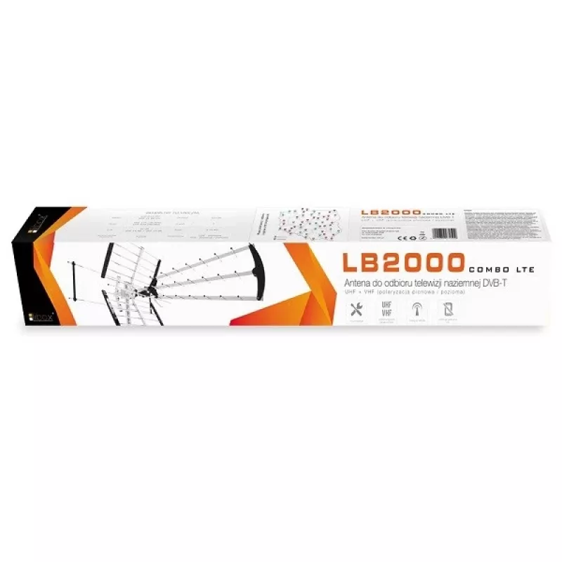 Outdoor/indoor DVB-T antenna LIBOX LB2000 with 69 dB amplifier, dual polarization, 174–790 MHz, aluminium/black