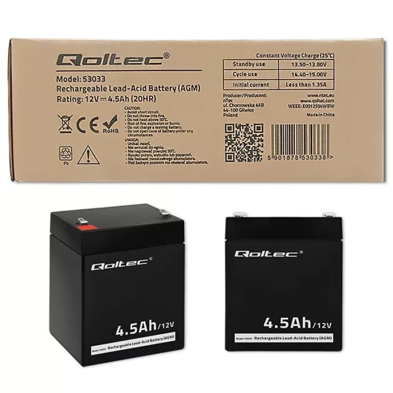 AGM Battery Qoltec 53033 4.5 Ah 15 V 65.5 A Motorcycle