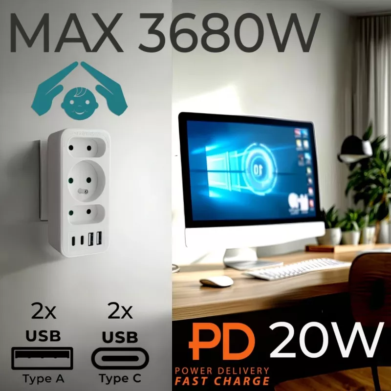 Power splitter MACLEAN MCE248 F/W — 3 AC sockets (1×16A, 2×6A) + 4×USB (2×A, 2×C PD 20W), EU plug, white