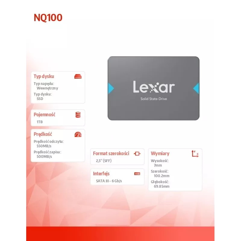 2.5 inch SATA III SSD Lexar NQ100 1 TB — 550 MB/s read, 6 Gbit/s transfer