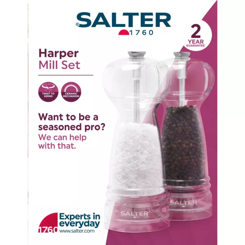 Salt and pepper mill set Salter BW12949EU7, transparent bodies, manual grinding