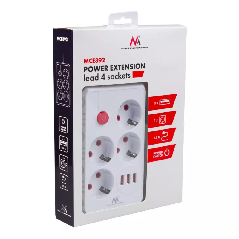 Power strip MACLEAN MCE392 W — 4 F sockets, 3×USB A, 110–240V, 2.1A max, 2500W, 1.5 m cable, white