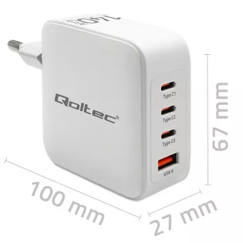 Charger QOLTEC 51828 140W GaN 3×USB‑C PD + 1×USB‑A QC 3.0 – multiport fast charger