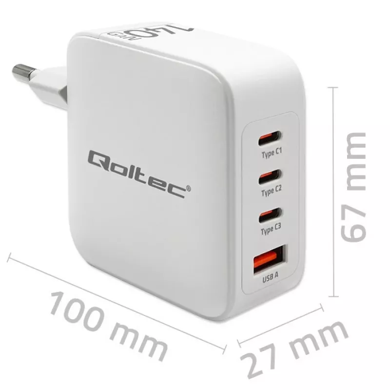 Charger QOLTEC 51828 140W GaN 3×USB‑C PD + 1×USB‑A QC 3.0 – multiport fast charger
