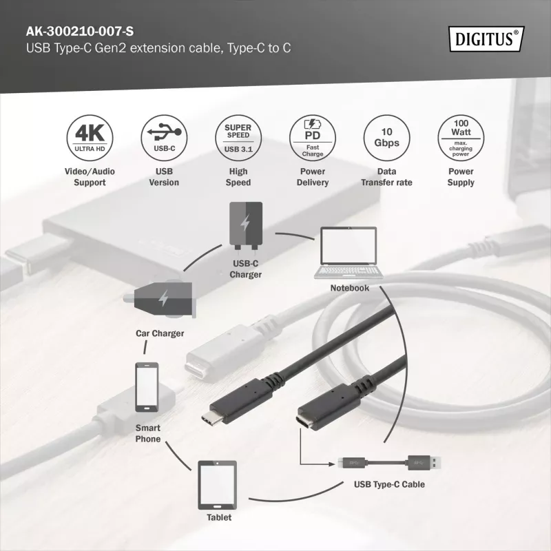 USB Type-C Extension Cable Digitus AK-300210-007-S 0.7m