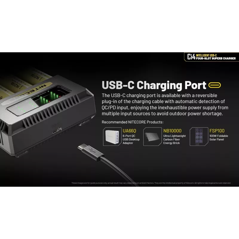 Battery charger Nitecore Ci4 — universal USB charger for Lithium‑Ion / NiCd / NiMH, 5/9/12V input, 3A, plastic, 0.1914 kg
