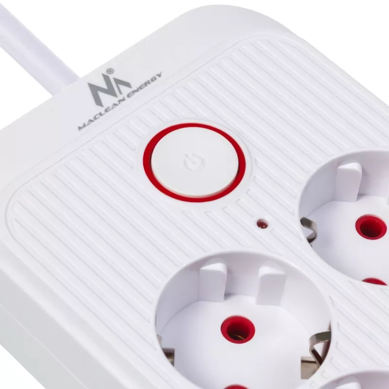 Power strip MACLEAN MCE389 W — 6 sockets, 4×USB-A, 1×USB-C, 2500W, 110–240V, 1.5 m cable, white