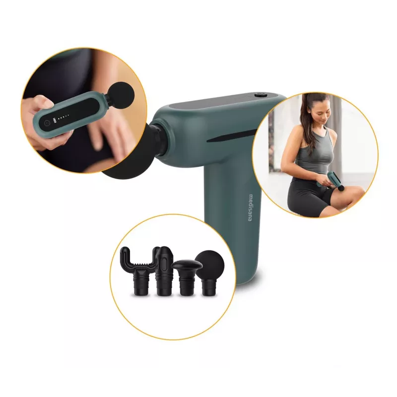 Medisana MG 200 muscle massager with 4 heads, vibration, 3000 RPM, 8 mm amplitude, Li‑Ion 7.4V, USB charging