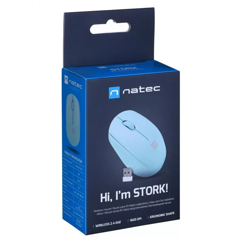 Wireless ambidextrous mouse NATEC STORK — Bluetooth + USB Type-A, 1600 DPI, 3 buttons, light blue