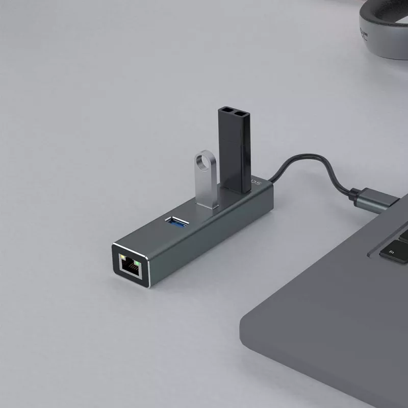 SAVIO USB-A hub with RJ-45 Gigabit Ethernet AK-57 — 3× USB-A + RJ-45, USB 3.2 Gen 1 Micro‑B host, 5 Gbit/s, 4 ports, grey