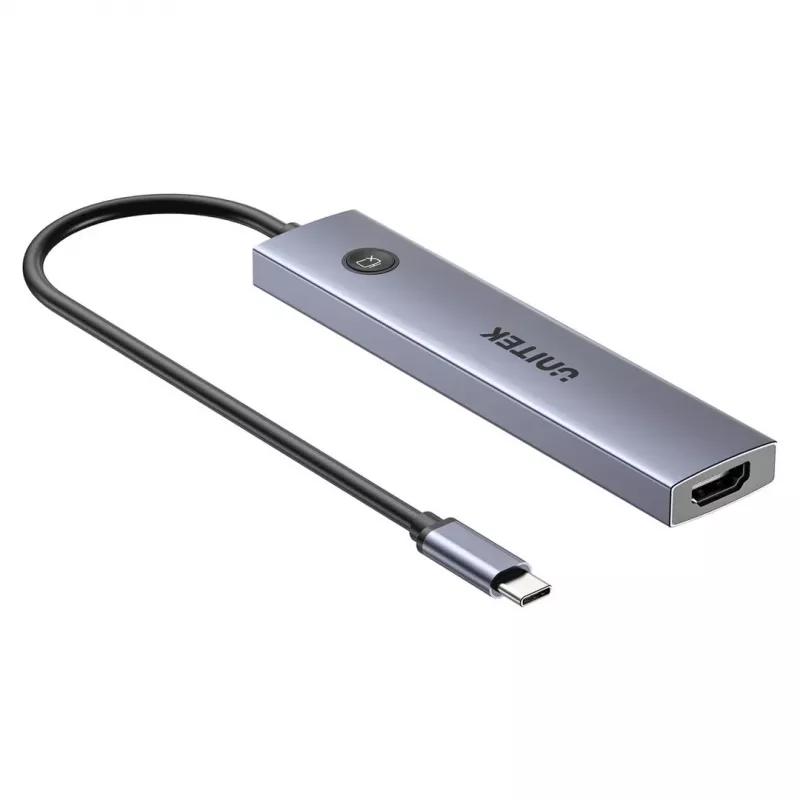 USB-C hub Unitek H1124AGY01 with 100W PD, HDMI 2.0, 2x USB‑A, 2x USB‑C, SD/microSD reader — aluminium