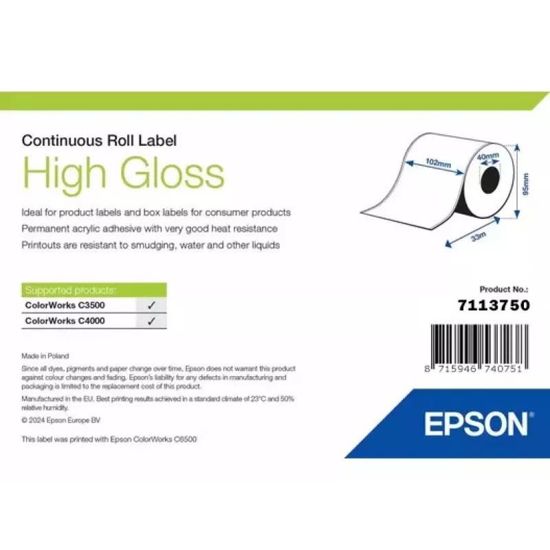 Label roll Epson 7113750 High Gloss, 102 mm width x 33,000 mm length