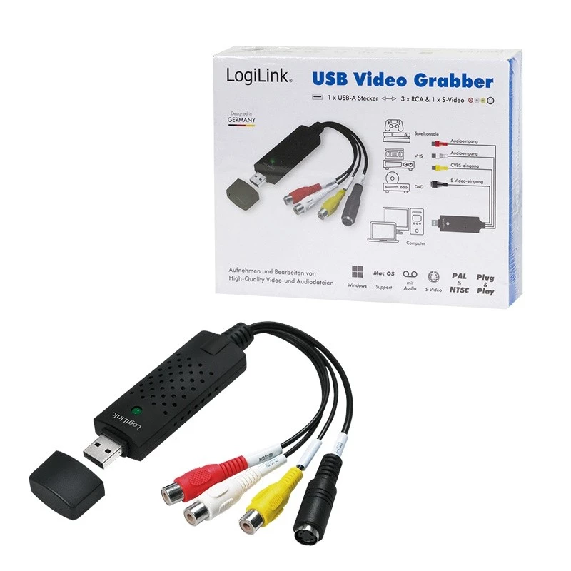 LogiLink USB 2.0 a/V Grabber. USB a/M Zu 3xCinch + MiniDIN5/F. Black