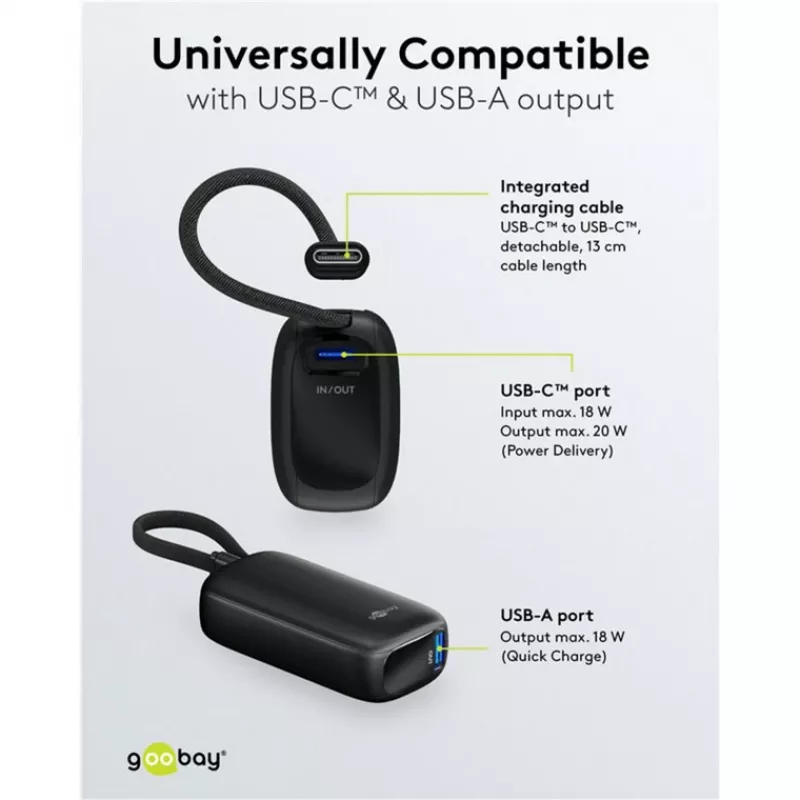 Powerbank 5.000 mAh, integrated USB-C cable 13cm, 20 Watt (black, 5 Ah, 1x USB-A, 1x USB-C, PD, QC)