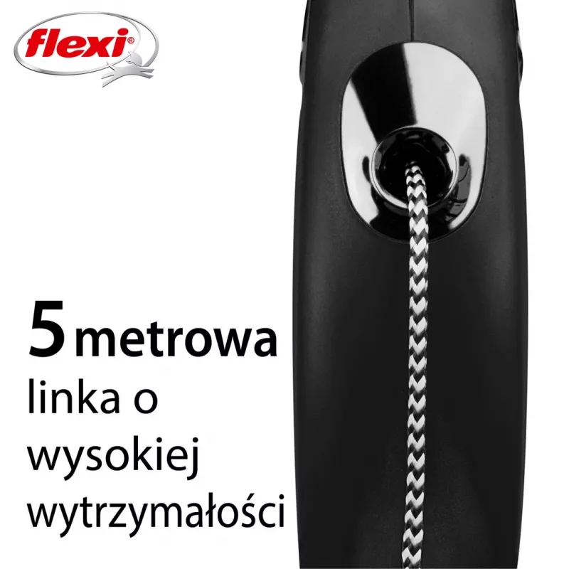 Retractable lead Flexi Classic 5 m Black for medium dogs, cord, max load 20 kg, reflective elements