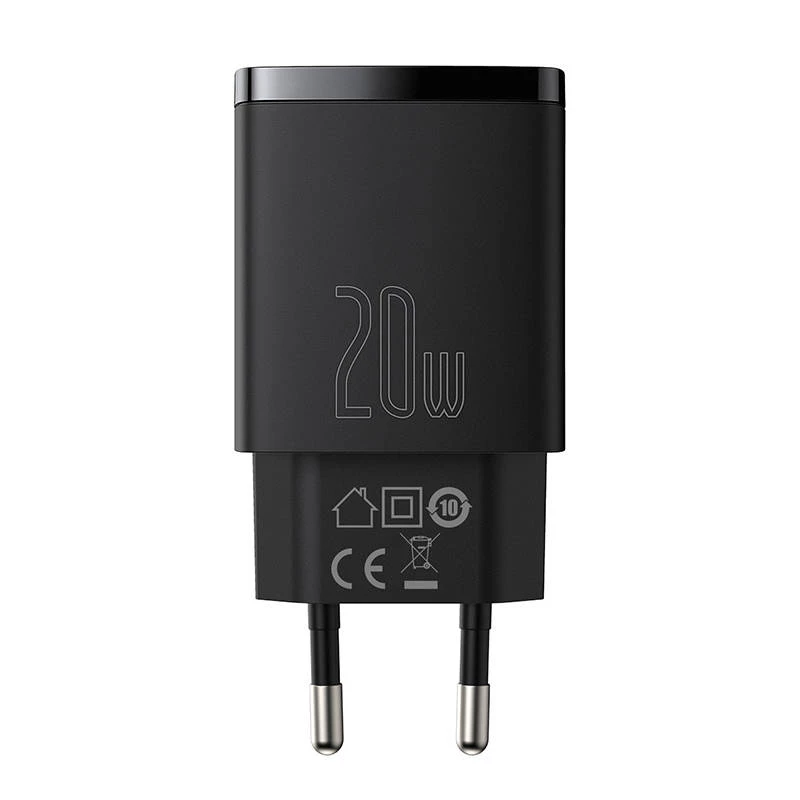 Indoor USB Fast Charger Baseus CCXJ-B01 — 2-port (USB-C PD 20W + USB-A QC3.0 18W), 100–240V, Black