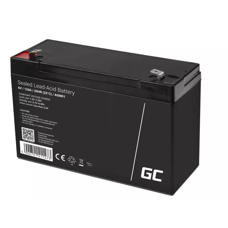 Sealed Lead Acid (VRLA) AGM battery Green Cell 6V 12Ah, 94×151×50 mm, 1.65 kg
