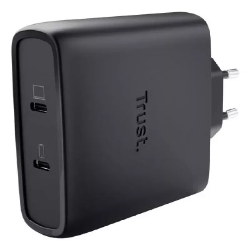 TRUST Maxo 100W 2-Port USB-C GaN Charger — 100 W, 2× USB-C, 20 V max, 2 m cable, black