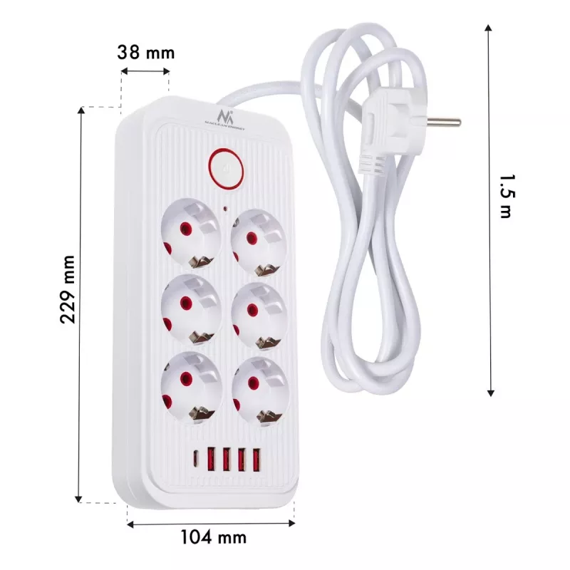 Power strip MACLEAN MCE389 W — 6 sockets, 4×USB-A, 1×USB-C, 2500W, 110–240V, 1.5 m cable, white