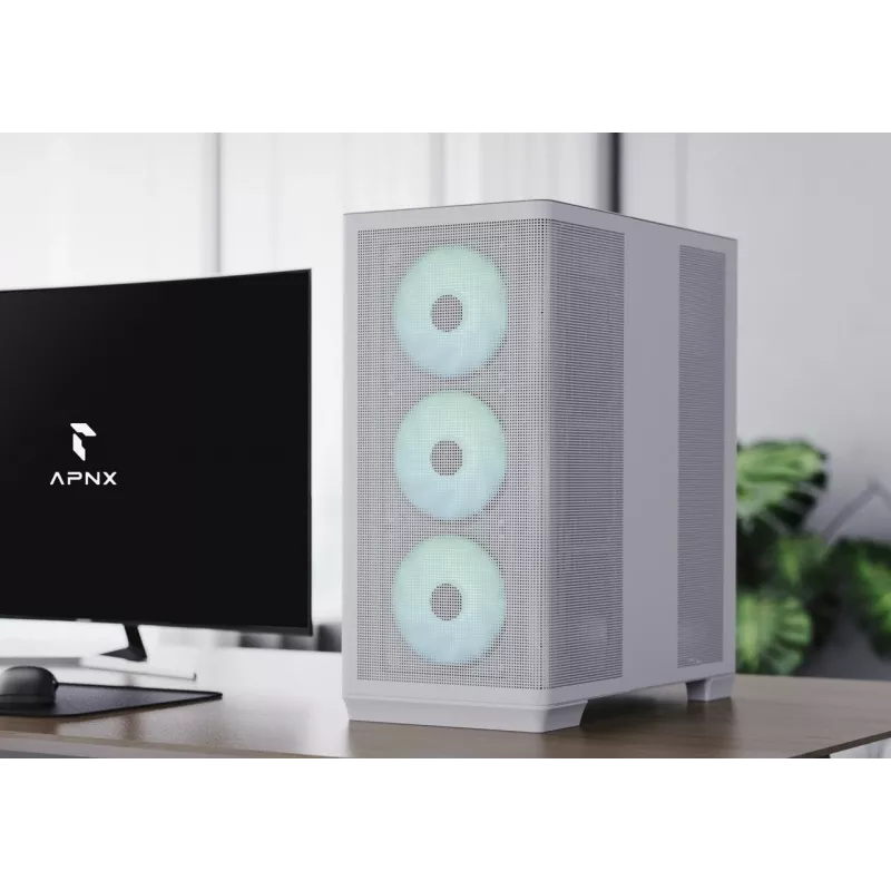 APNX PC Midi Tower C1-R-WT-v1 — White, supports ATX/Micro-ATX/Mini-ITX, 3x120 mm front fans installed, 3x3.5 inch + 3x2.5 inch bays, USB 3.2 Gen1 x2